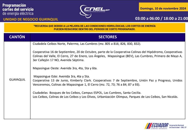 Cortes de luz en Guayaquil el 10 de noviembre