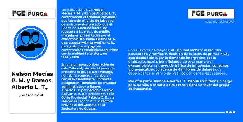 Caso Purga, el rol de Nelson Mecías P. M. y Ramos Alberto L. T., jueces de lo civil en Guayas.