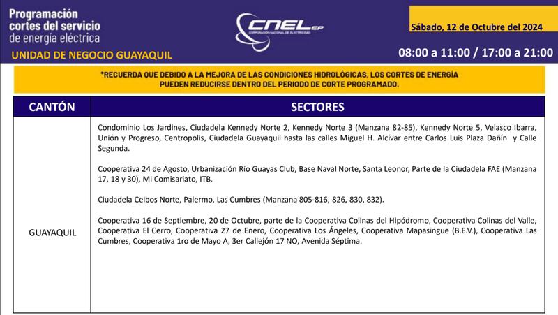 Cortes de luz Guayaquil 12 de octubre
