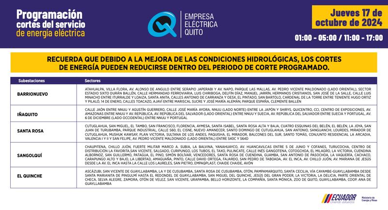 Quito: recuerde los horarios de cortes de luz para este jueves 17 de octubre. Imagen: EEQ