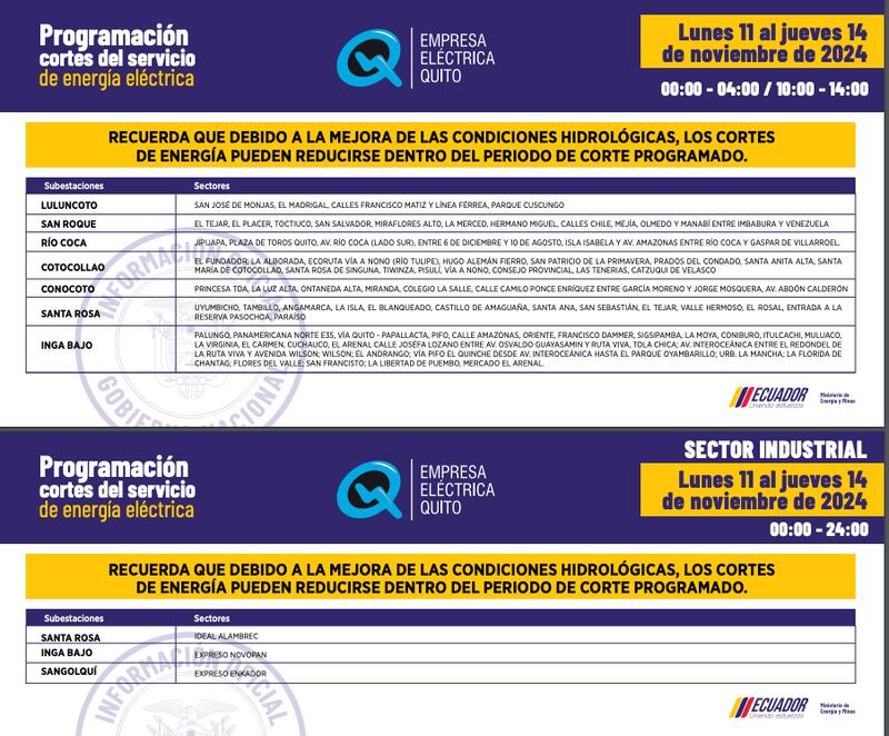 Cortes de luz del 11 al 14 de noviembre en Quito.