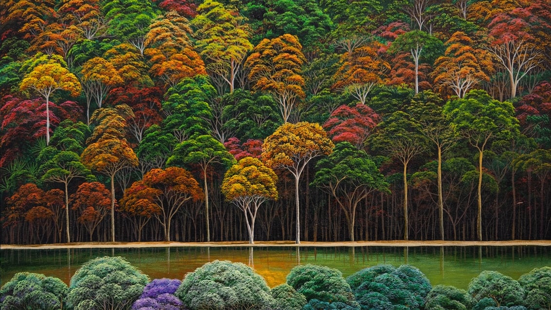 El artista Servio Zárate pinta selvas interminables en la técnica de óleo sobre lienzo.