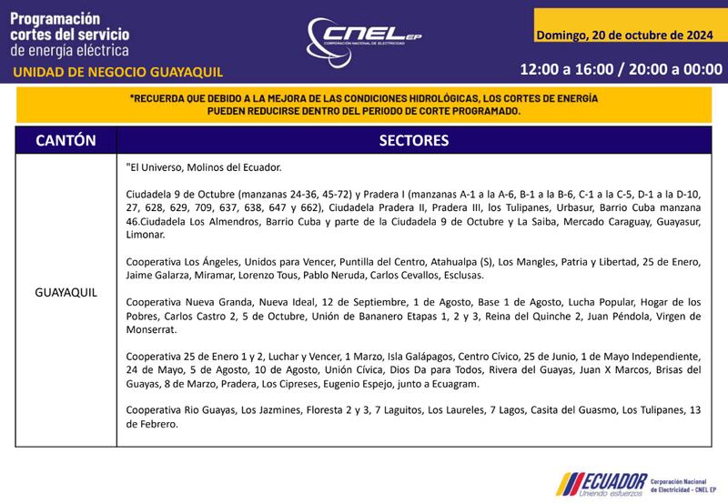 Guayaquil: horarios de cortes de luz para este sábado 19 y domingo 20 de octubre. Imagen: CNEL