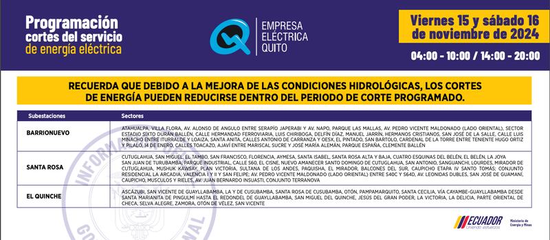 CORTES DE LUZ VIERNES 15 Y SÁBADO 16 DE NOVIEMBRE