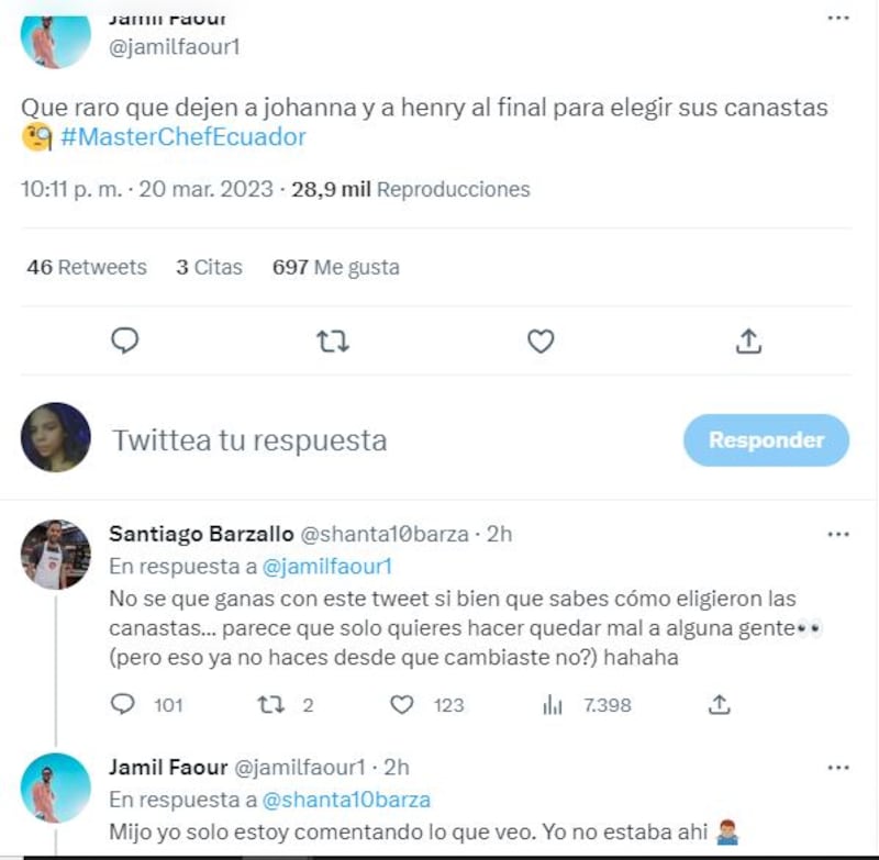 Captura de los tuits entre Jamil y Santiago