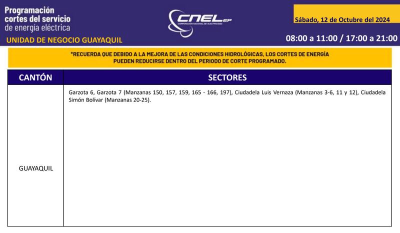 Cortes de luz Guayaquil 12 de octubre