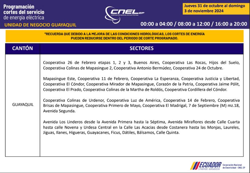 Cortes de luz en Guayaquil del 31 de octubre al 3 de noviembre