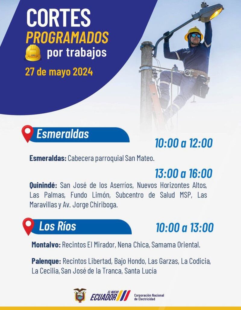 Cortes de luz en cinco provincias del Ecuador para este lunes 27 de mayo. Imagen: CNEL
