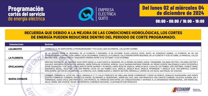 Cortes de luz en Quito del lunes 2 al miércoles 4 de diciembre