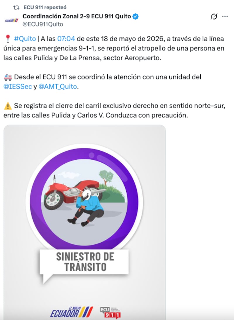 Una persona fue atropellada en la av. De la Prensa, norte de Quito - Fuente: Coordinación zonal 2-9 ECU 911