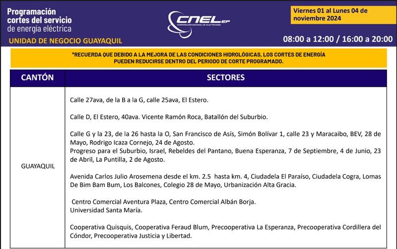 Guayaquil: Así quedan los nuevos horarios de cortes de luz para el feriado de noviembre