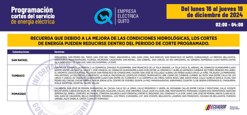 Quito: nuevos horarios de apagones del 16 al 19 de diciembre serán de dos horas. Imagen: EEQ