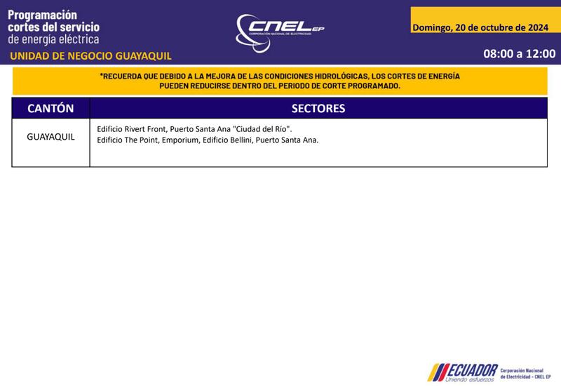 Guayaquil: horarios de cortes de luz para este sábado 19 y domingo 20 de octubre. Imagen: CNEL