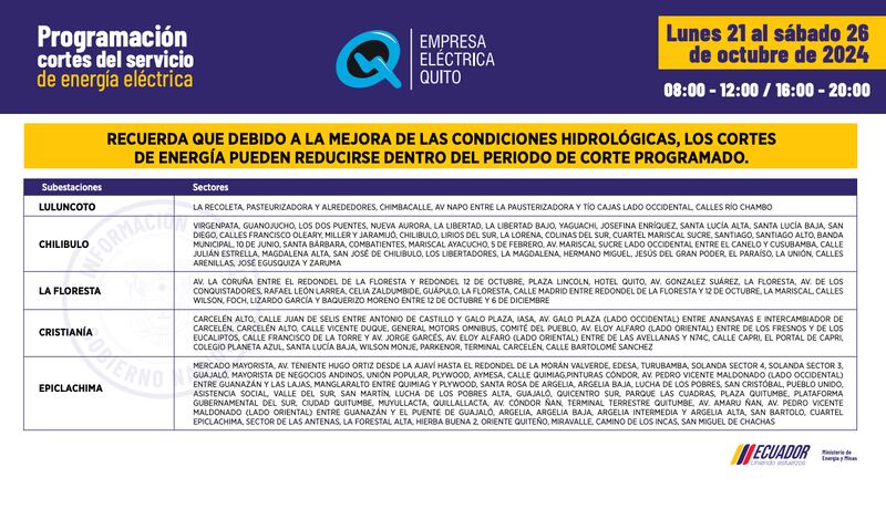 Horarios de corte de luz en Quito hasta el 26 de octubre