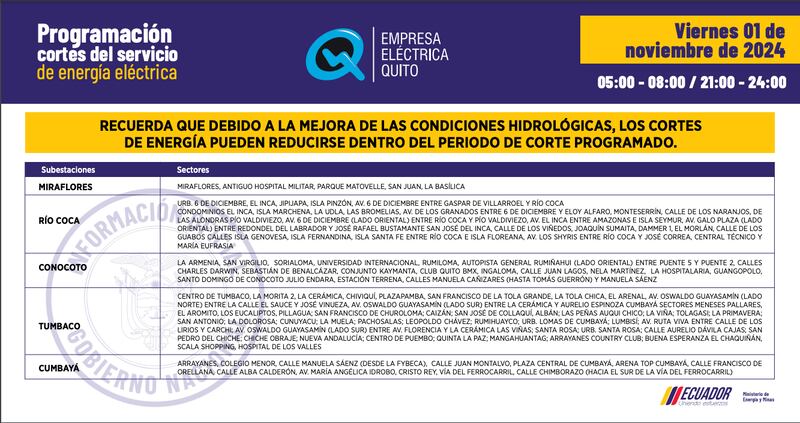 Cronograma de cortes de luz del viernes 1 al lunes 4 de noviembre en Quito