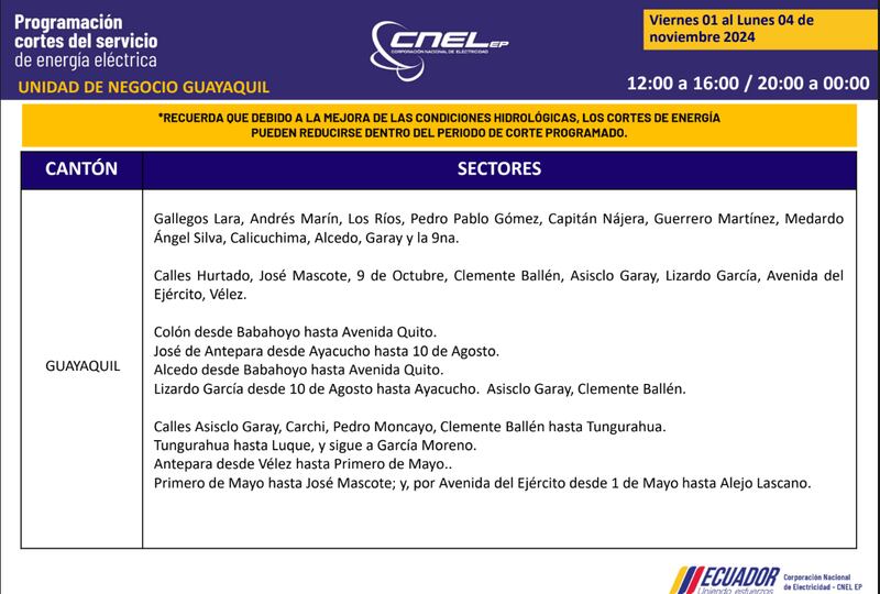 Guayaquil: Así quedan los nuevos horarios de cortes de luz para el feriado de noviembre