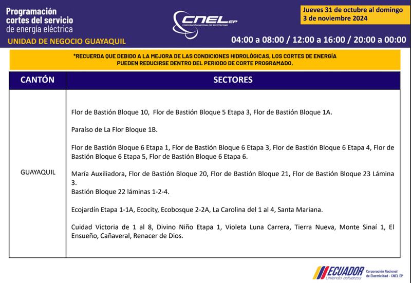 Cortes de luz en Guayaquil del 31 de octubre al 3 de noviembre