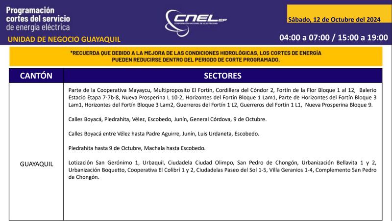 Cortes de luz Guayaquil 12 de octubre