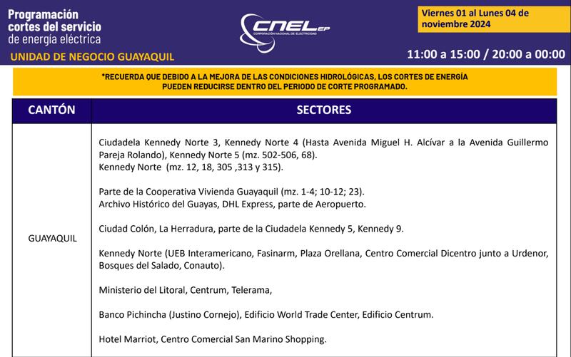 Guayaquil: Así quedan los nuevos horarios de cortes de luz para el feriado de noviembre