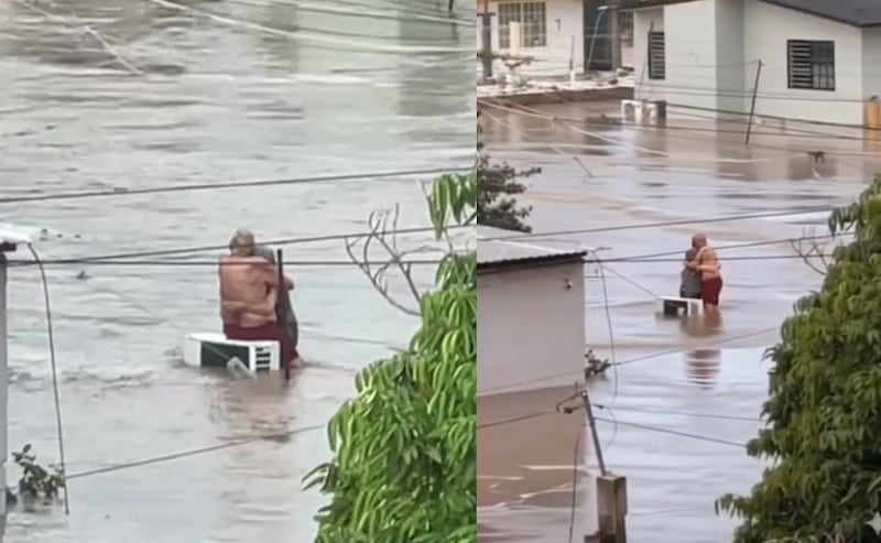 Abuelitos abrazados en Poza Rica conmueven por inundaciones