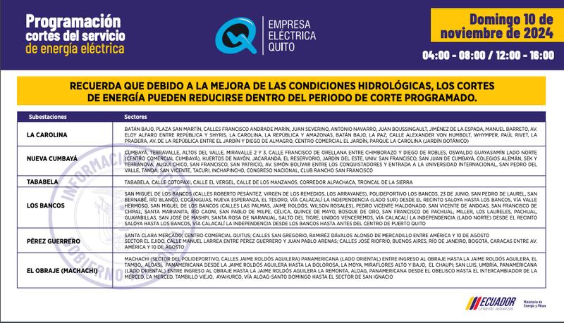 Horarios de cortes de luz para este domingo 10 de noviembre en Quito.