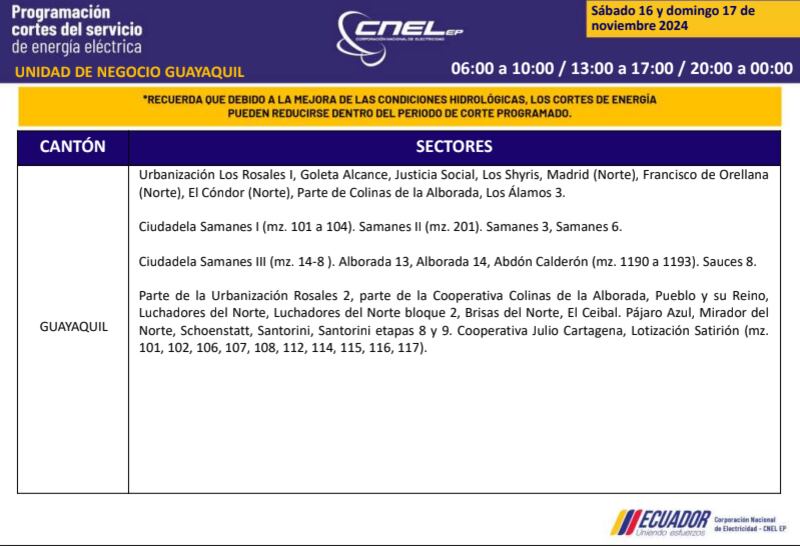 Guayaquil: horarios de cortes de luz de este domingo 17 de noviembre. Imagen: CNEL