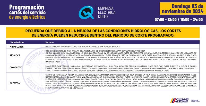 Quito: horarios de cortes de luz del 28 de octubre al 3 de noviembre. Imagen: EEQ