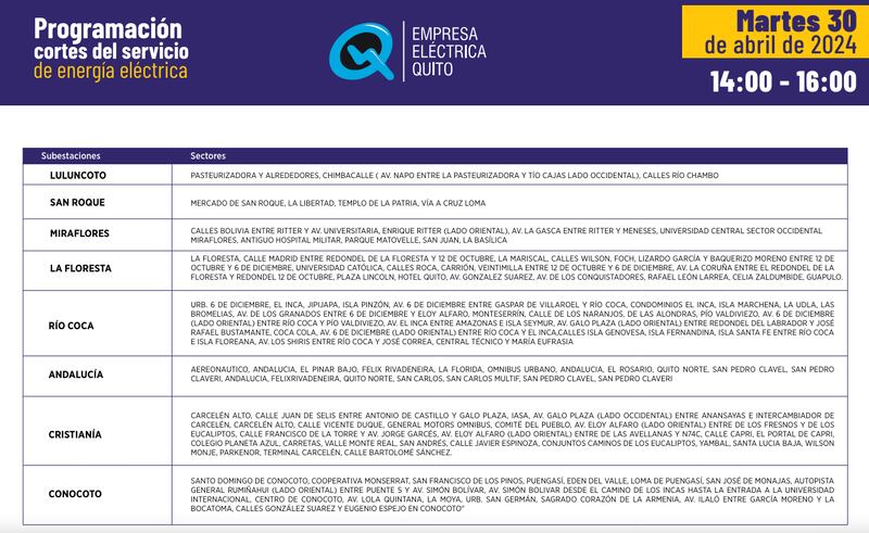 Quito: así quedan los horarios de cortes de luz para este martes 30 de abril.