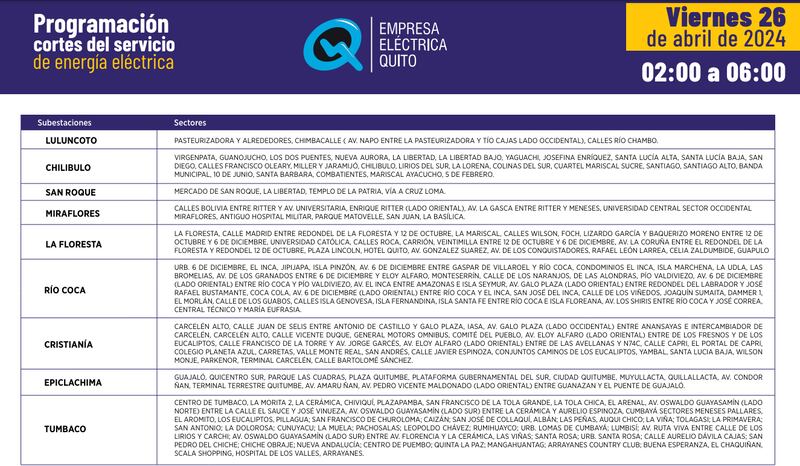 Quito: así quedan los horarios de cortes de luz para este 26 de abril.