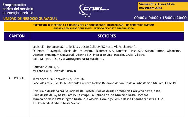 Guayaquil: Así quedan los nuevos horarios de cortes de luz para el feriado de noviembre