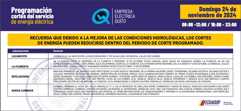 Cortes de luz Quito 24 de noviembre