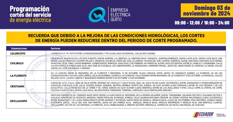 Quito: horarios de cortes de luz del 28 de octubre al 3 de noviembre. Imagen: EEQ