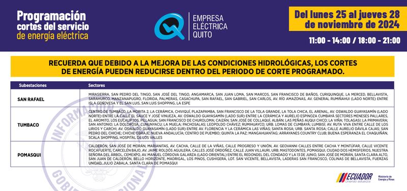 Cortes de luz en Quito del 25 al 28 de noviembre