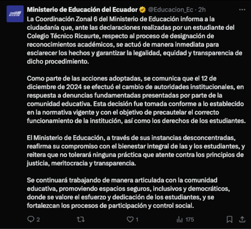 Comunicado del Ministerio de Educación