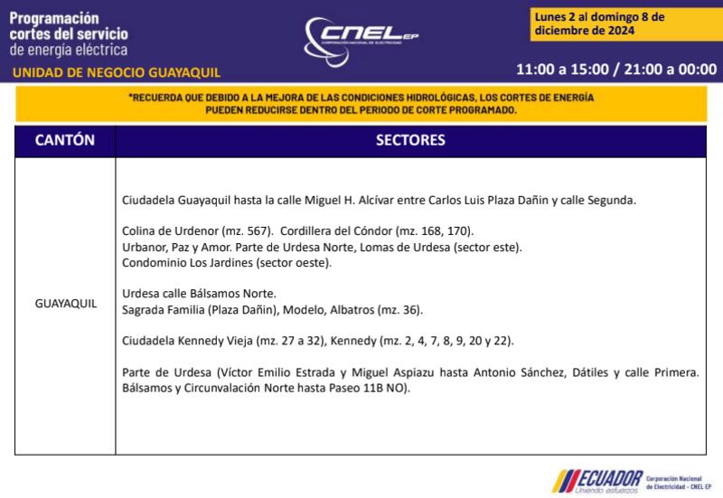 Guayaquil: revise los horarios de cortes de luz del 2 al 8 de diciembre. Imagen: CNEL