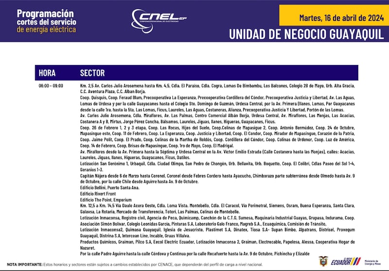 Horarios y sectores para cortes de luz en Quito
