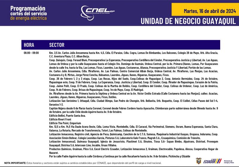 Horarios y sectores para cortes de luz en Quito