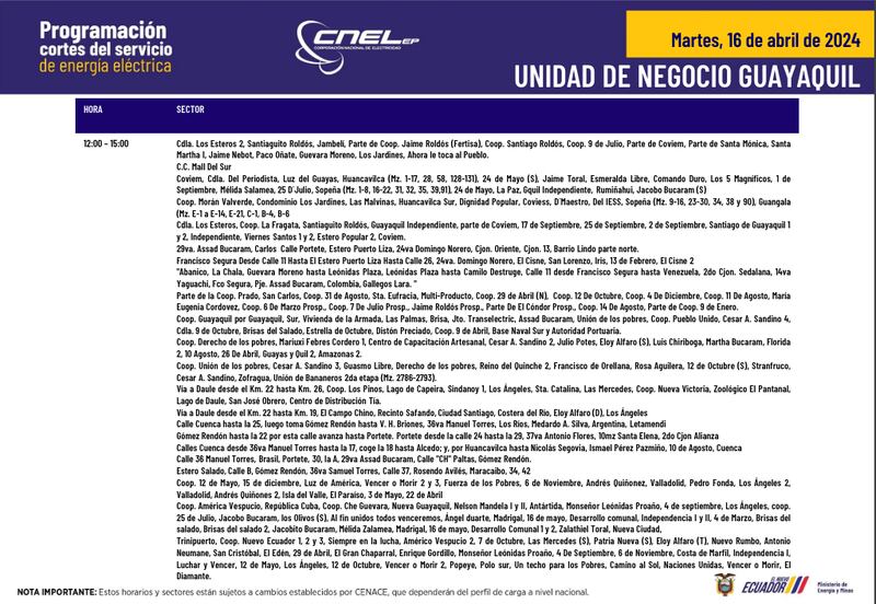 Horarios y sectores para cortes de luz en Quito