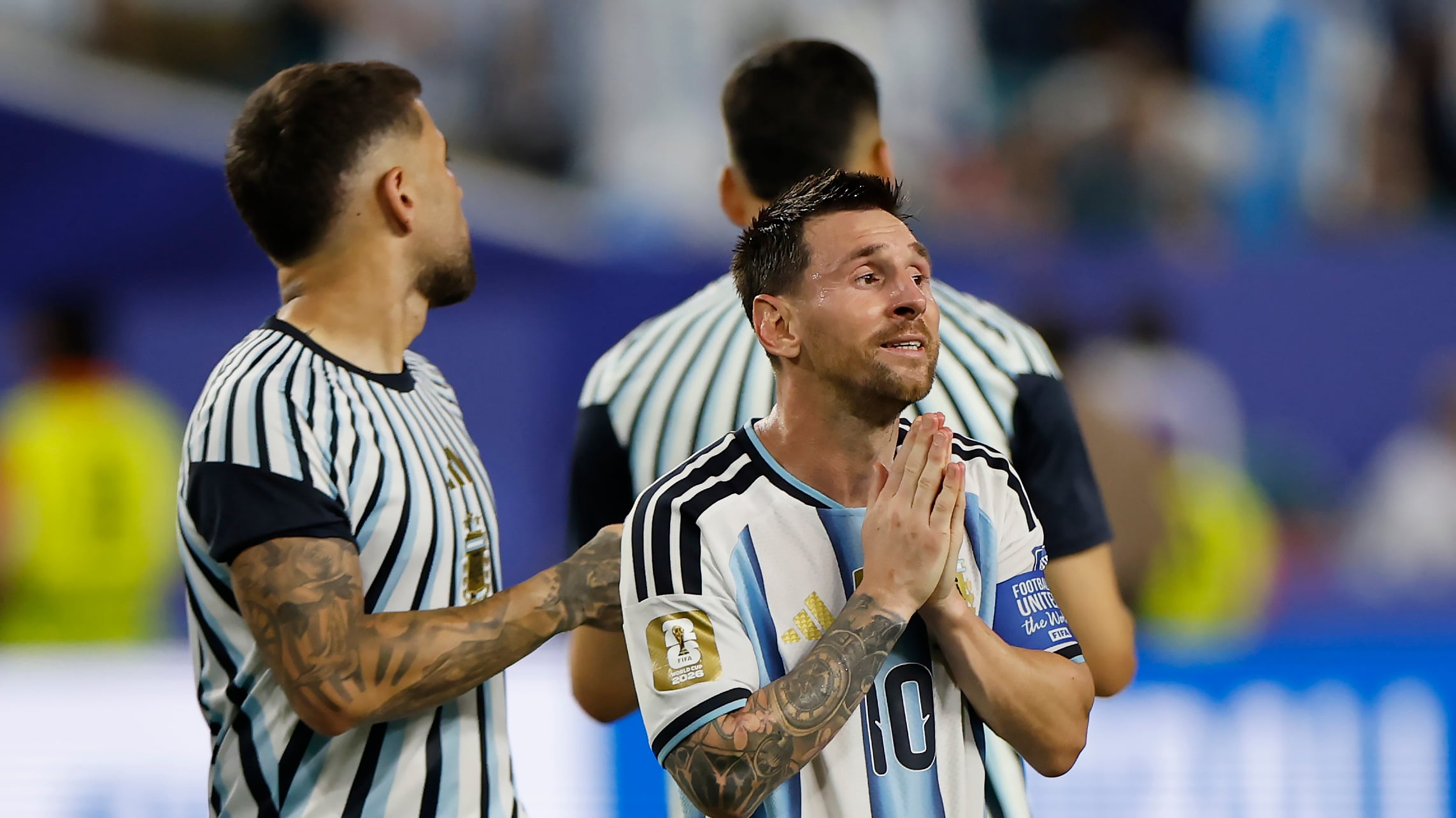 Lionel Messi, de Argentina, se muestra aliviado al finalizar el partido del Mundial 2026 ante Cabo Verde en el estadio Hard Rock en Miami (Estados Unidos). EFE/Alberto Estévez