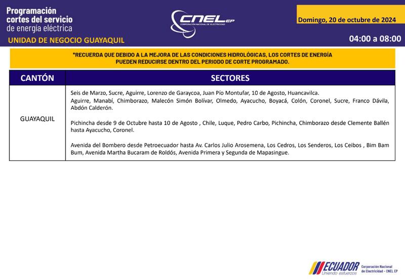 Guayaquil: horarios de cortes de luz para este sábado 19 y domingo 20 de octubre. Imagen: CNEL