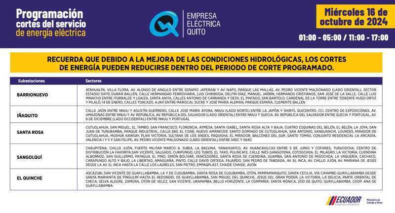 Quito: recuerde los horarios de cortes de luz de este miércoles 16 de septiembre. Imagen: EEQ