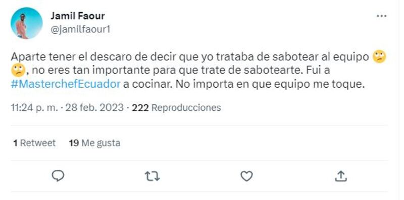 Tuit de Jamil ante Críticas de Alexandra (Foto: Captura de Twitter)