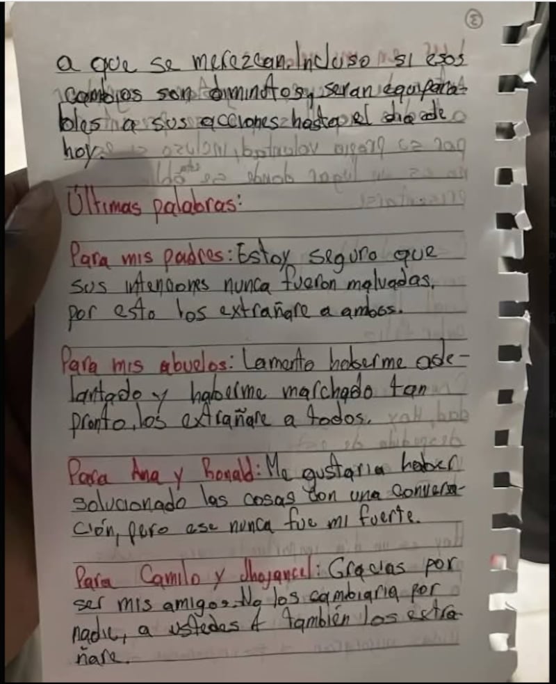 Carta que dejó joven que se lanzó de un edificio en Colombia