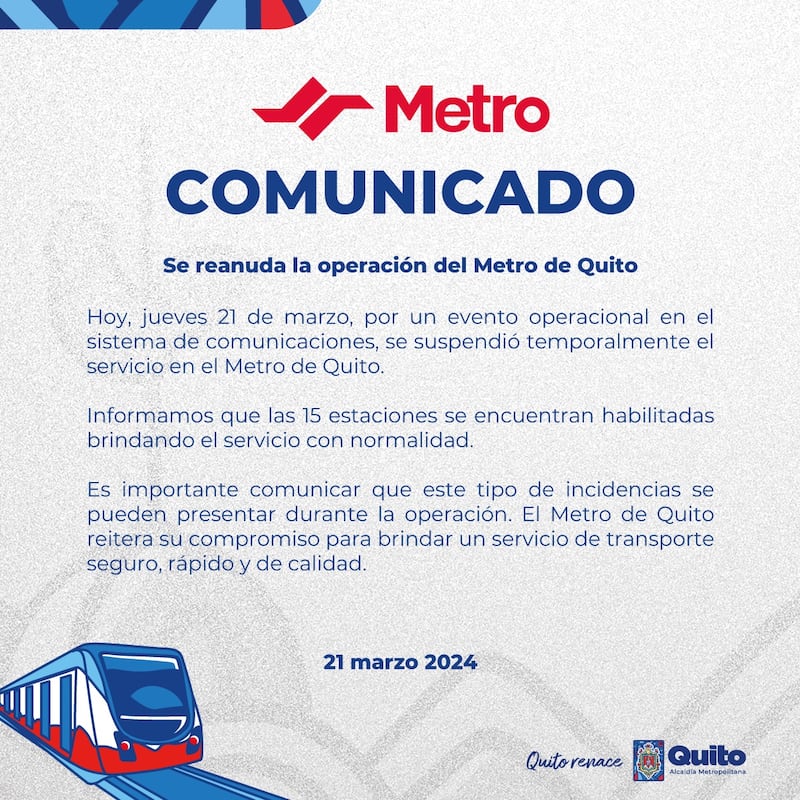 Comunicado del Metro de Quito