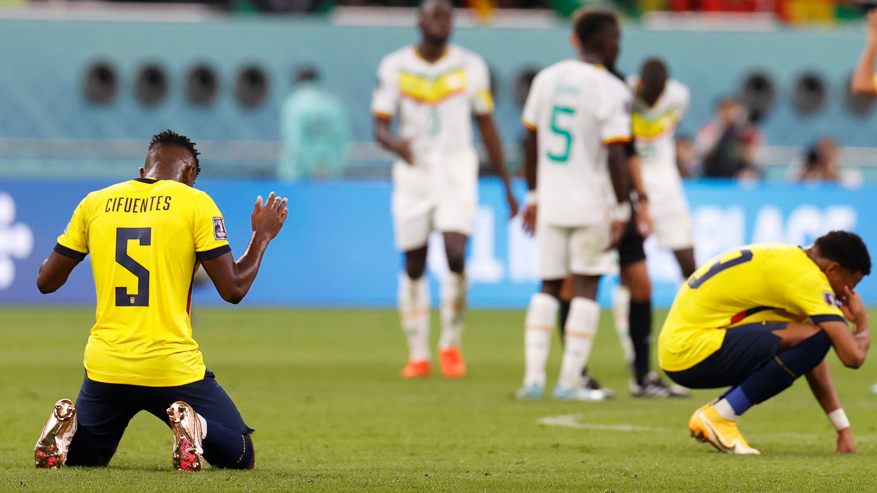 Jose Cifuentes (L) of Ecuador reacts after the FIFA World Cup 2022 group A soccer match between Ecuador and Senegal at Khalifa International Stadium in Doha, Qatar, 29 November 2022.