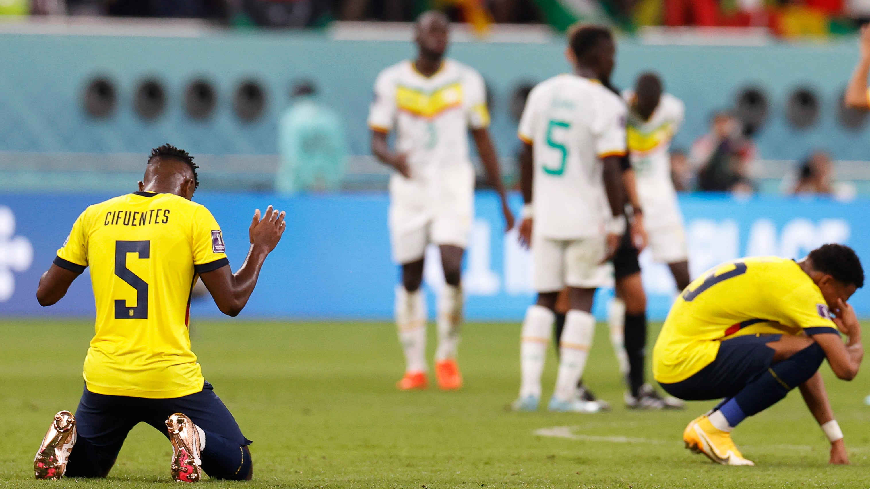 Jose Cifuentes (L) of Ecuador reacts after the FIFA World Cup 2022 group A soccer match between Ecuador and Senegal at Khalifa International Stadium in Doha, Qatar, 29 November 2022.