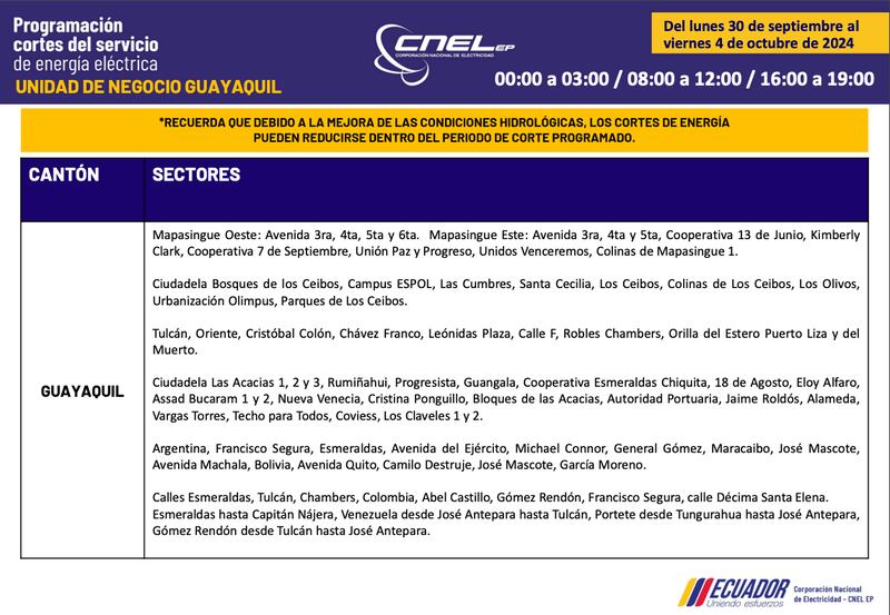 Cortes de luz en Guayaquil hasta el 4 de octubre