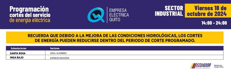 Quito: recuerde los horarios de cortes de luz de este viernes 18 de octubre. Imagen: EEQ
