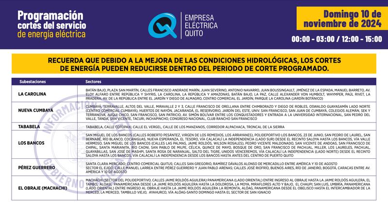Cortes de luz del domingo 10 de noviembre en Quito