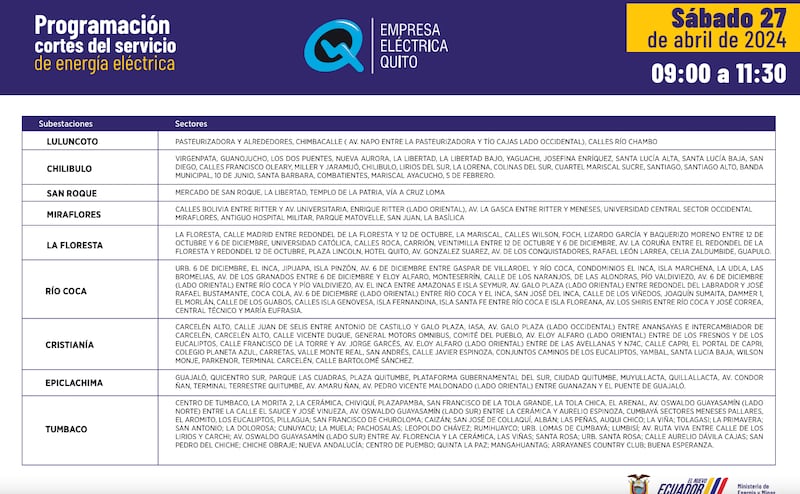 Quito: así quedan los cortes de luz para este sábado 27 de abril.